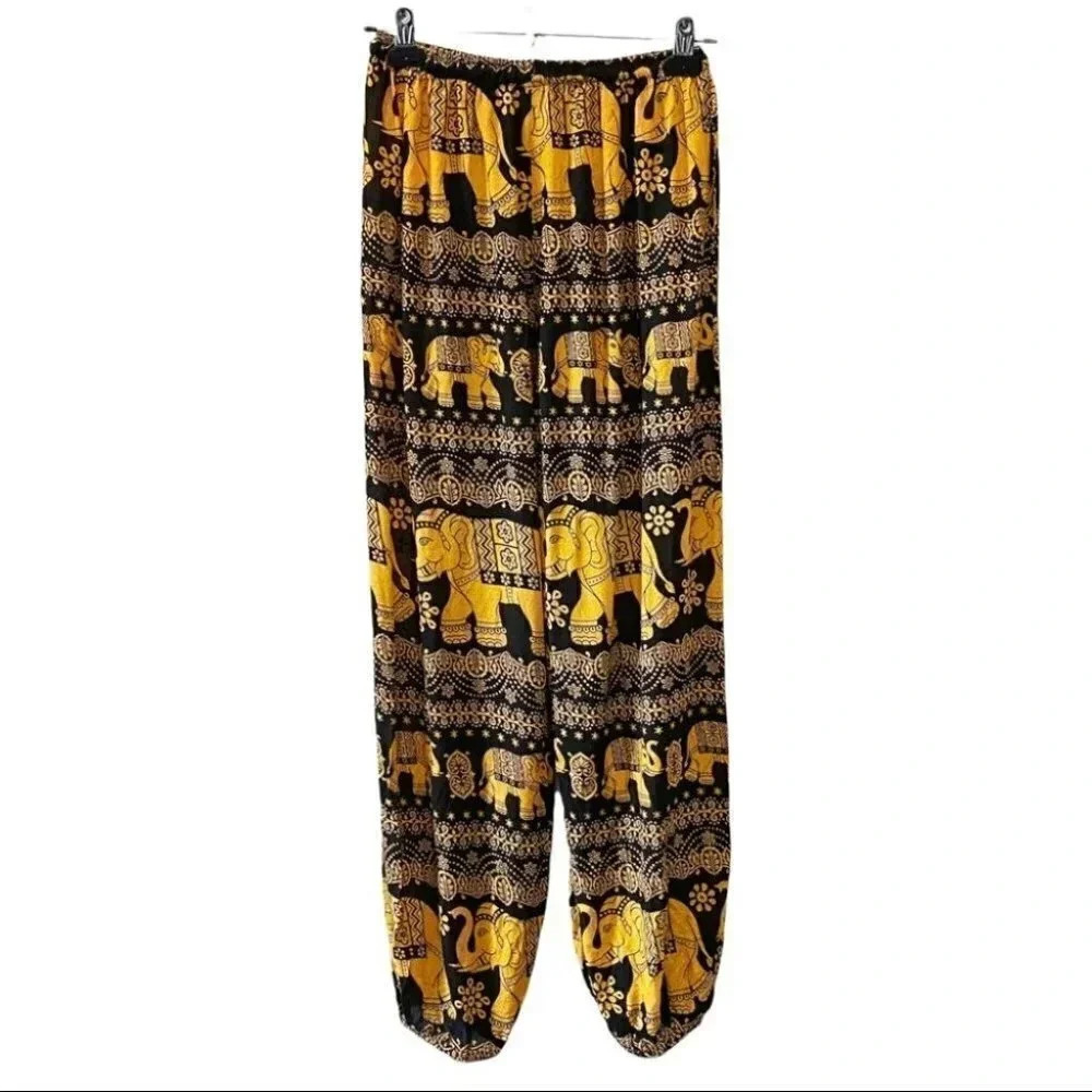 Black Gold Balloon Pants Flowy Draped Harem Joggers Elephant Print Size XS/S - Picture 3 of 15